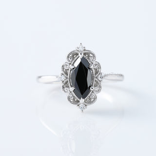 Black Marquise Moisanite Diamond Vintage 14K White Gold Ring