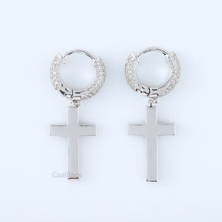 14K White Gold Lab Grown Diamond Cross Dangle Hoop Earrings