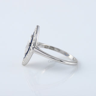 Vintage Art Deco 18K White Gold Marquise Moissanite Diamond an Sapphire Ring