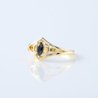 Art Deco 14K Gold Marquise Cut Black Spinel Ring – Elegant Stacking Ring
