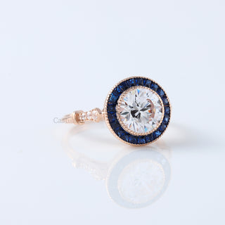 Art Deco Vintage Round Cut Moissanite Diamond Ring – Sapphire Halo Wedding Ring