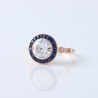Art Deco Vintage Round Cut Moissanite Diamond Ring – Sapphire Halo Wedding Ring