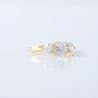 Round Cut Moissanite Three Stone Engagement Ring - Trilogy, Promise, & Stacking Gold Ring Gift