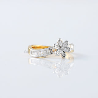 Swirl Floral Moissanite Diamond Ring | Round & Baguette Cut Bezel Set in 14K Yellow Gold