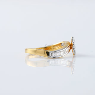 Swirl Floral Moissanite Diamond Ring | Round & Baguette Cut Bezel Set in 14K Yellow Gold