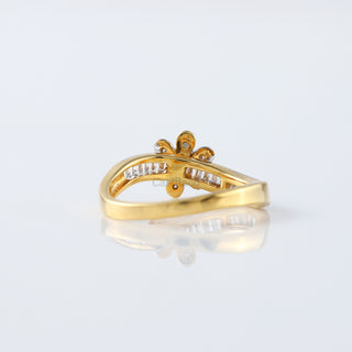 Swirl Floral Moissanite Diamond Ring | Round & Baguette Cut Bezel Set in 14K Yellow Gold