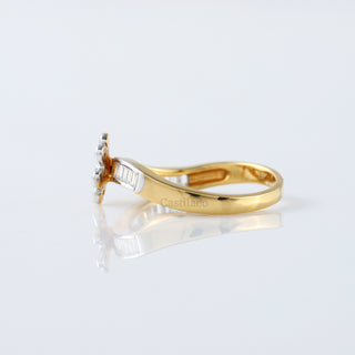 Swirl Floral Moissanite Diamond Ring | Round & Baguette Cut Bezel Set in 14K Yellow Gold