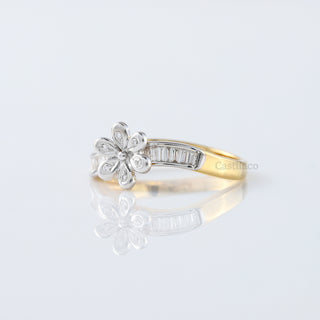 Swirl Floral Moissanite Diamond Ring | Round & Baguette Cut Bezel Set in 14K Yellow Gold