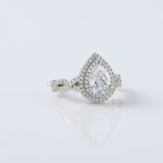 1.50 CT Pear-Cut Moissanite Double Halo Twisted Diamond Ring | Castilaco