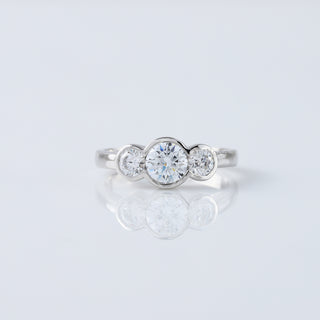 Three Stone Bezel Set Moissanite Diamond Engagement Ring, Round Moissanite Ring