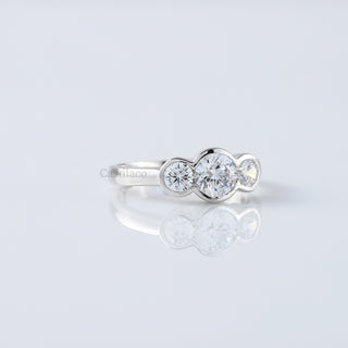 Three Stone Bezel Set Moissanite Diamond Engagement Ring, Round Moissanite Ring