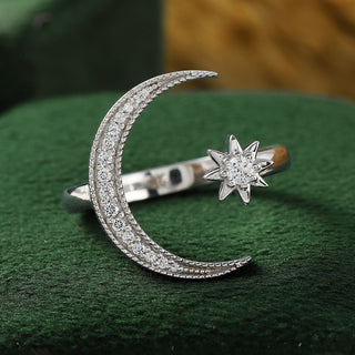 Celestial Crescent Moon and Star Moissanite Diamond Ring for Women