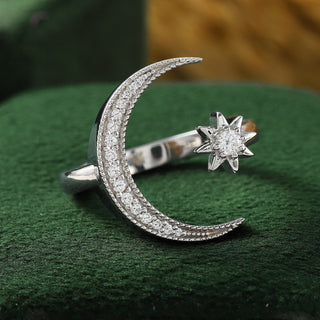Celestial Crescent Moon and Star Moissanite Diamond Ring for Women