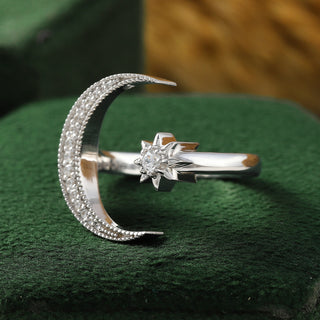 Celestial Crescent Moon and Star Moissanite Diamond Ring for Women