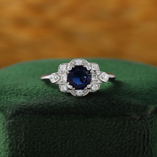 Art Deco Blue Sapphire Round Lab Grown Diamond Vintage Ring