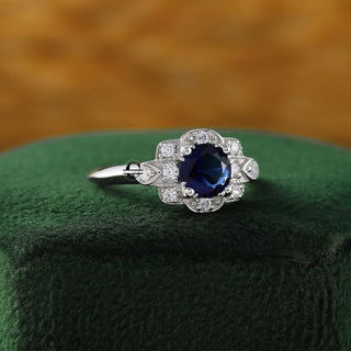 Art Deco Blue Sapphire Round Lab Grown Diamond Vintage Ring