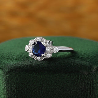 Art Deco Blue Sapphire Round Lab Grown Diamond Vintage Ring