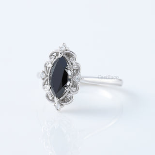 Black Marquise Moisanite Diamond Vintage 14K White Gold Ring