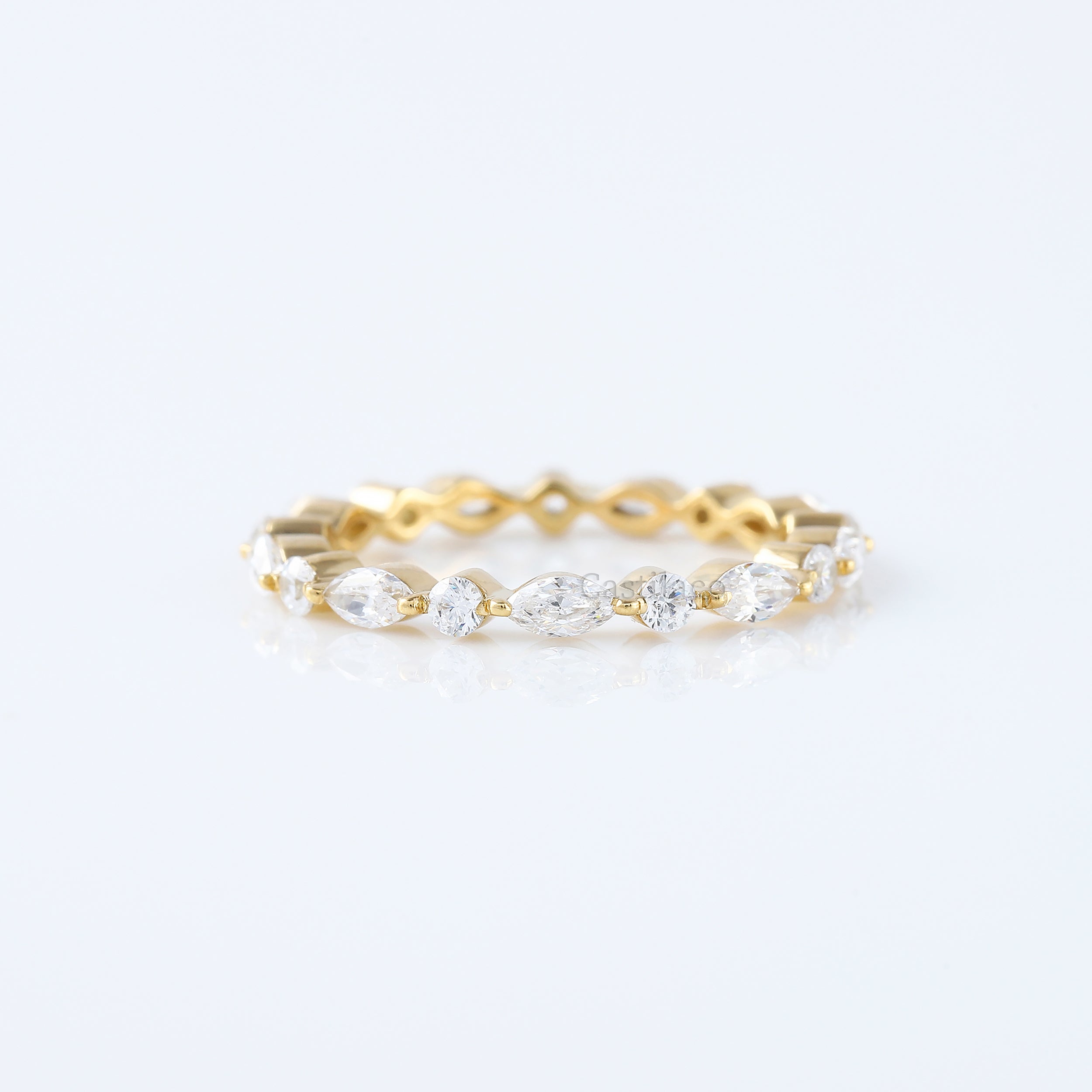 Alternating Marquise and Round Diamond Ring in 14k Solid Yellow Gold