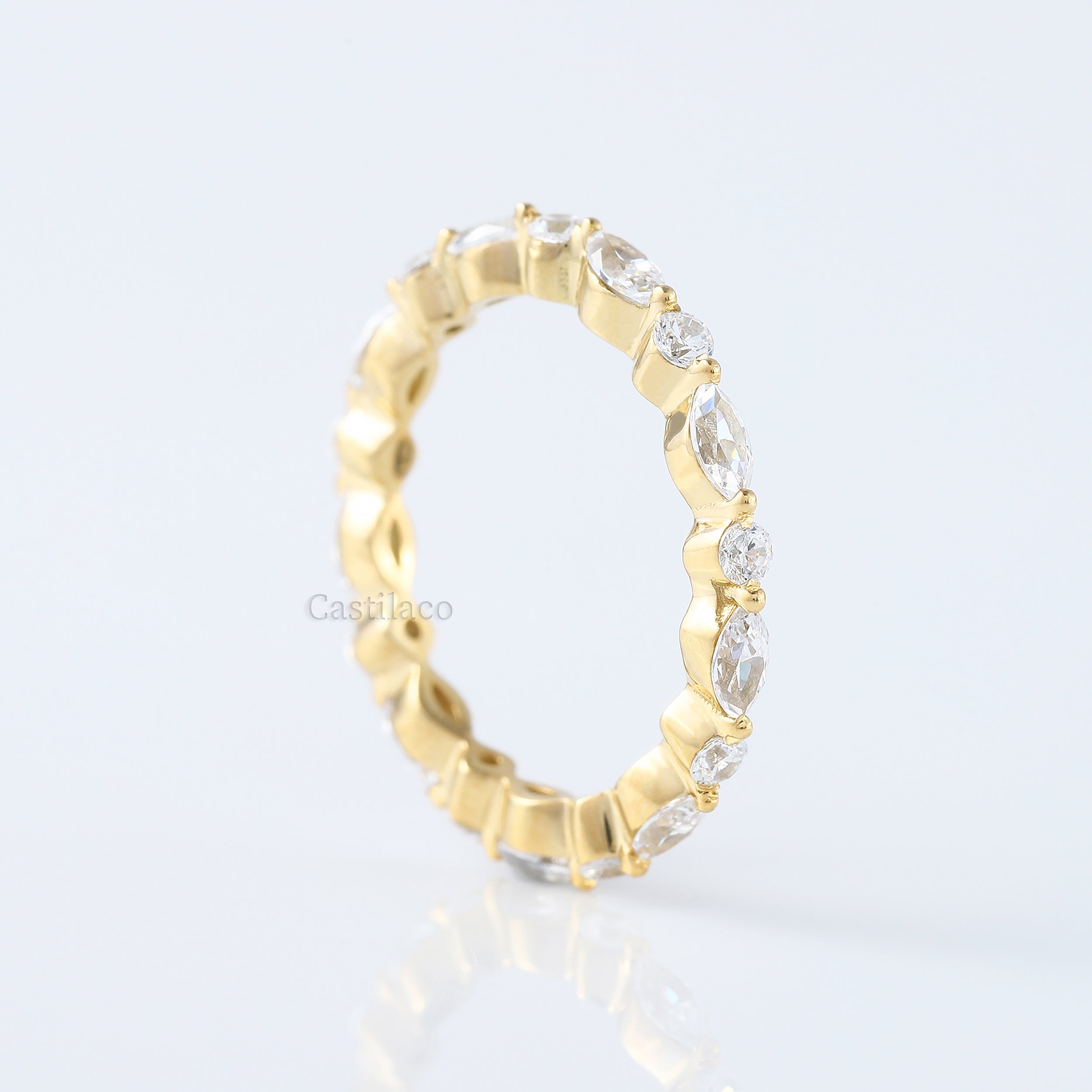 Alternating Marquise and Round Diamond Ring in 14k Solid Yellow Gold