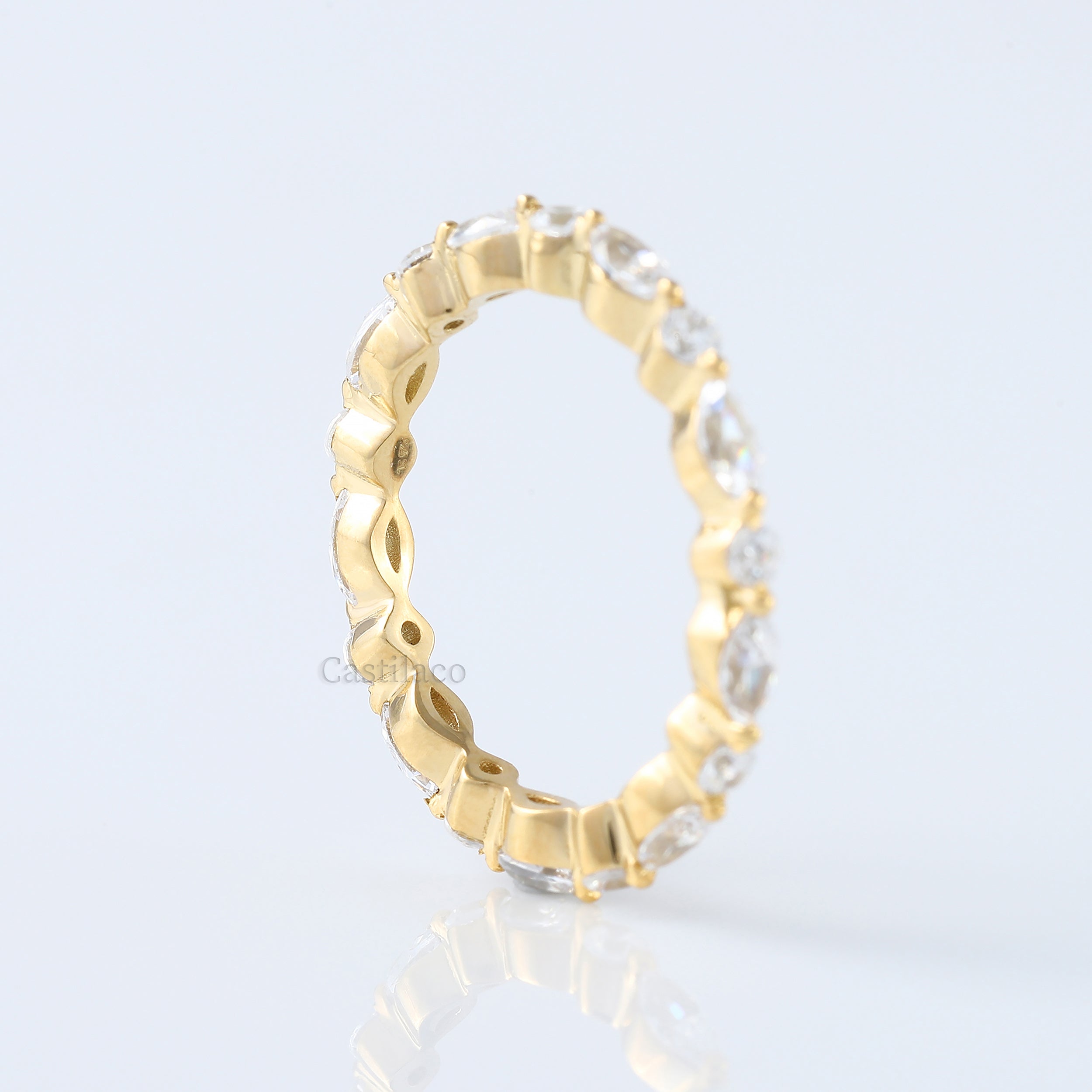 Alternating Marquise and Round Diamond Ring in 14k Solid Yellow Gold