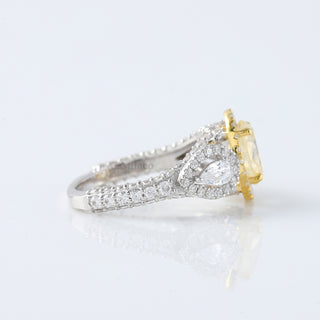 Canary Yellow Oval Moissanite Halo Three Stone Engagement Ring