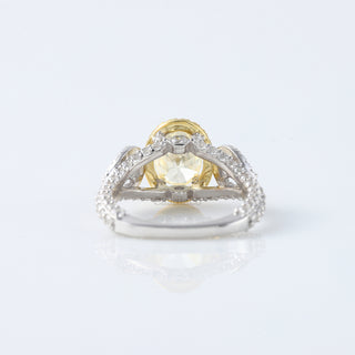 Canary Yellow Oval Moissanite Halo Three Stone Engagement Ring
