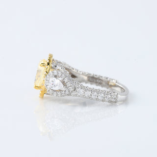 Canary Yellow Oval Moissanite Halo Three Stone Engagement Ring