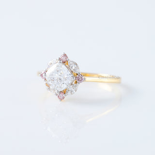 Cushion Cut Halo Pink Round and Marquise Lab Grown Diamond Engagement Ring