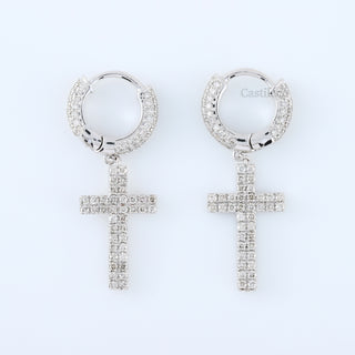 14K White Gold Lab Grown Diamond Cross Dangle Hoop Earrings