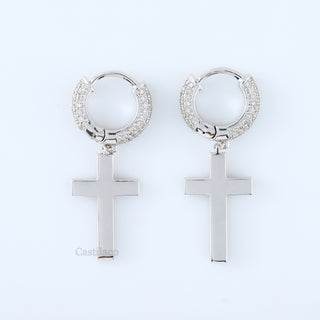 14K White Gold Lab Grown Diamond Cross Dangle Hoop Earrings