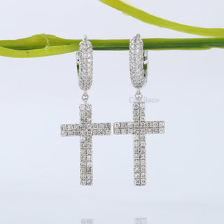 14K White Gold Lab Grown Diamond Cross Dangle Hoop Earrings