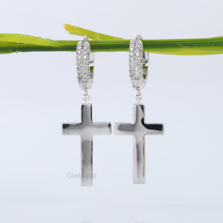 14K White Gold Lab Grown Diamond Cross Dangle Hoop Earrings