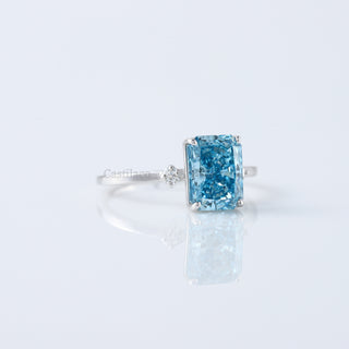 Three Stone Radiant Blue Lab Grown Diamond Engagement Ring