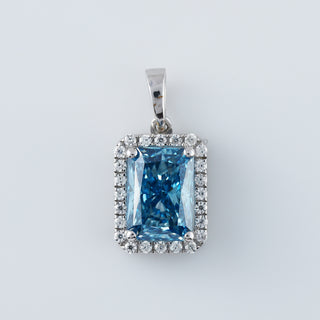 Blue Radiant Cut Lab Grown Halo Diamond Charm Pendant