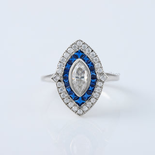 Vintage Art Deco 18K White Gold Marquise Moissanite Diamond an Sapphire Ring