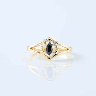 Art Deco 14K Gold Marquise Cut Black Spinel Ring – Elegant Stacking Ring