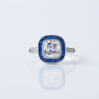 Vintage Art Deco Sapphire Halo Cushion Cut Moissanite Ring For Her