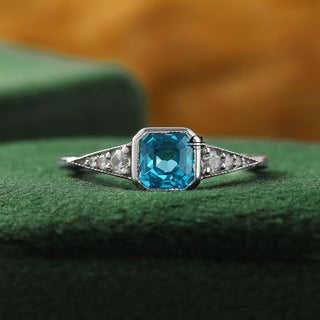 Art Deco Vivid Blue Asscher Lab Grown Diamond Bezel Set Engagement Ring