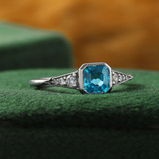 Art Deco Vivid Blue Asscher Lab Grown Diamond Bezel Set Engagement Ring