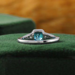 Art Deco Vivid Blue Asscher Lab Grown Diamond Bezel Set Engagement Ring