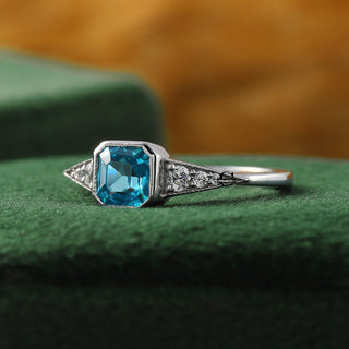 Art Deco Vivid Blue Asscher Lab Grown Diamond Bezel Set Engagement Ring