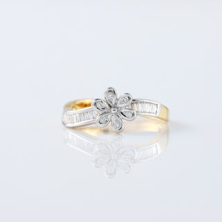 Swirl Floral Moissanite Diamond Ring | Round & Baguette Cut Bezel Set in 14K Yellow Gold