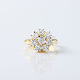 Art Deco Cushion & Round OEC Moissanite Ring | Floral Design Daisy Cluster Halo Engagement Ring