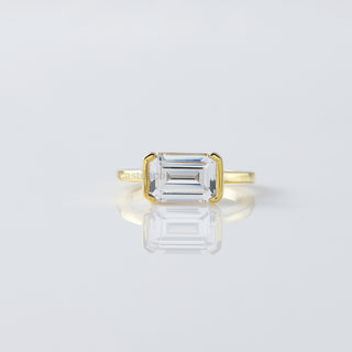 14K Yellow Gold East-West Emerald Cut Moissanite Solitaire Ring - 3.00 CT Half Bezel Wedding Gift