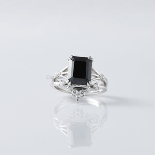 Radiant Cut Black Onyx Moissanite Bridal Set - Unique Marquise Cluster White Gold Engagement Ring