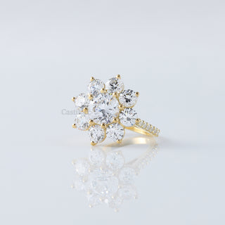 4.50 ctw Lab-Created Round Diamond Flower Halo Ring | IGI Certified Yellow Gold Wedding & Engagement Ring for Her