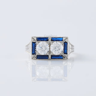 18K White Gold Sapphire and Round Cut Diamond Two-Stone Vintage Ring – Art Deco Estate Style for Women