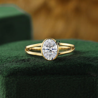 Oval Moissanite Bezel Set Split Shank 14K Gold Engagement Ring