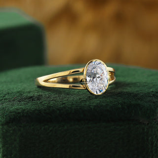 Oval Moissanite Bezel Set Split Shank 14K Gold Engagement Ring
